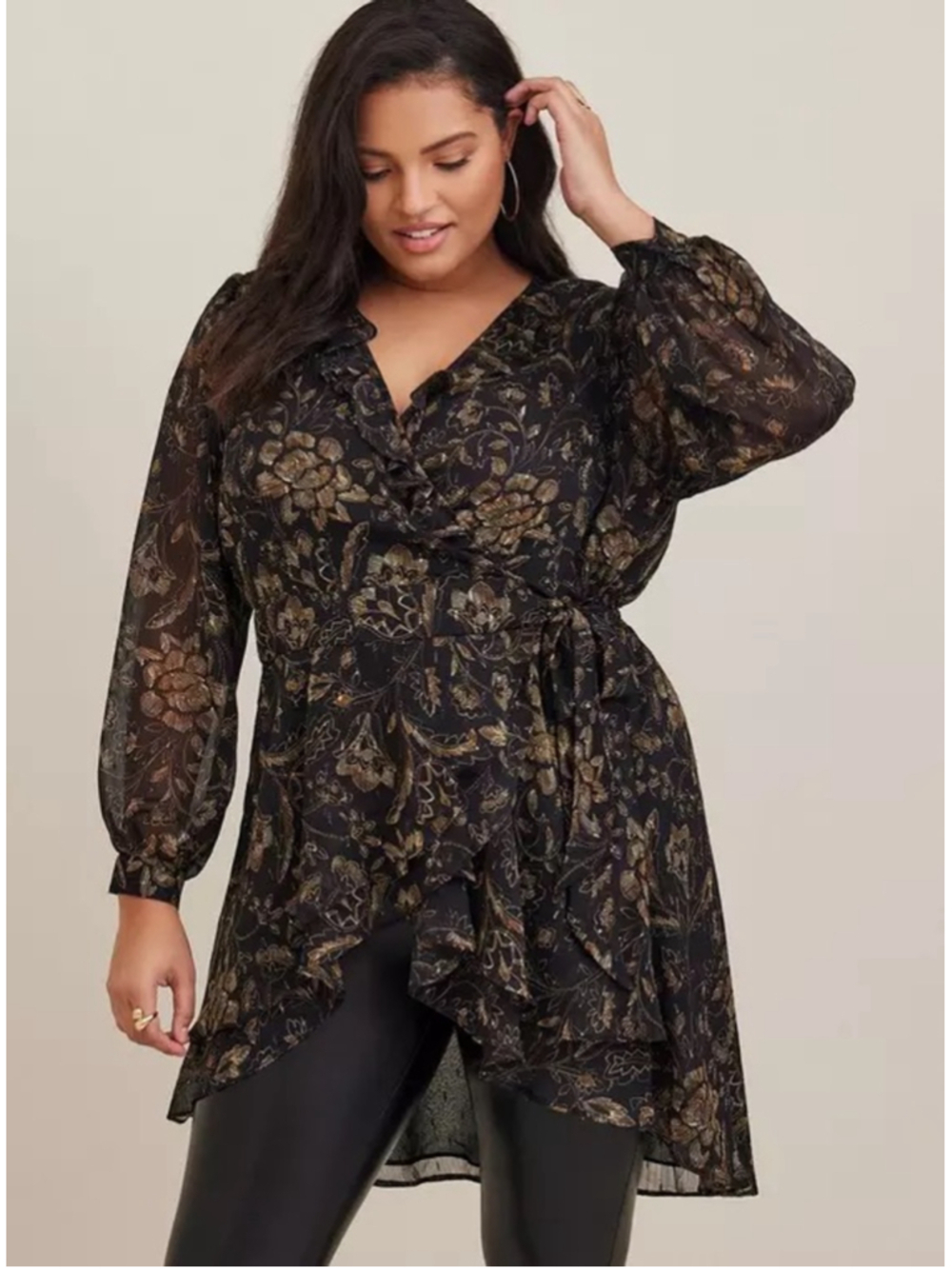 Torrid 3X Black Gold Floral Chiffon Tie Waist Surplice Tunic Blouse Flowy Boho
